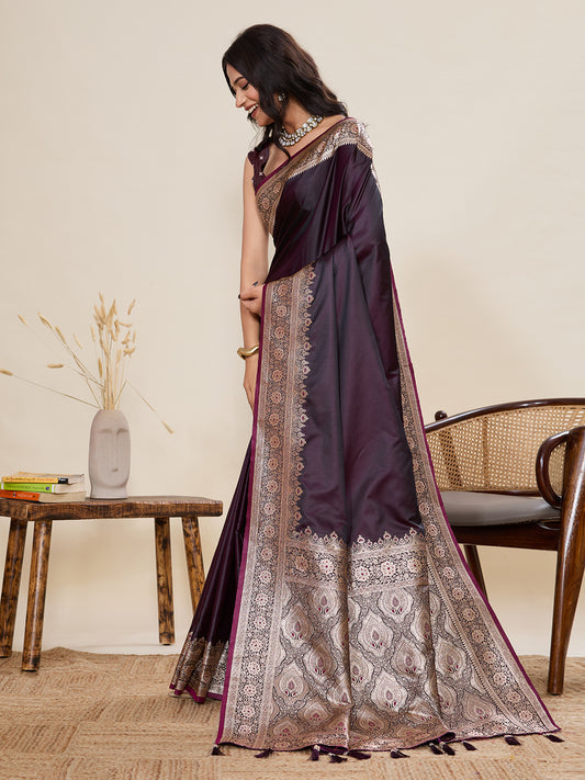 Women's Wine Banarasi Silk Saree with Rich Zari Border & Designer Pallu