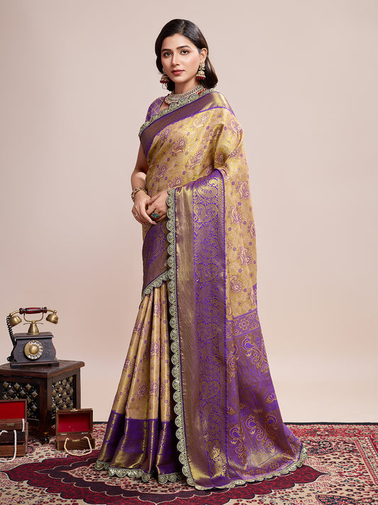 Women's Gold & Purple Banarasi Silk Saree with Rich Zari Weaving