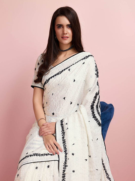White Silk Blend Party Wear Saree With Blouse Piece