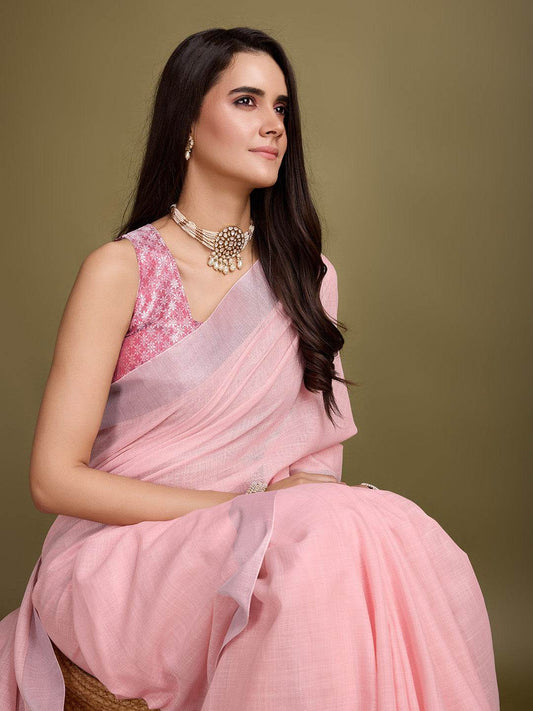 Peach Linen Daily Wear Saree With Blouse Piece
