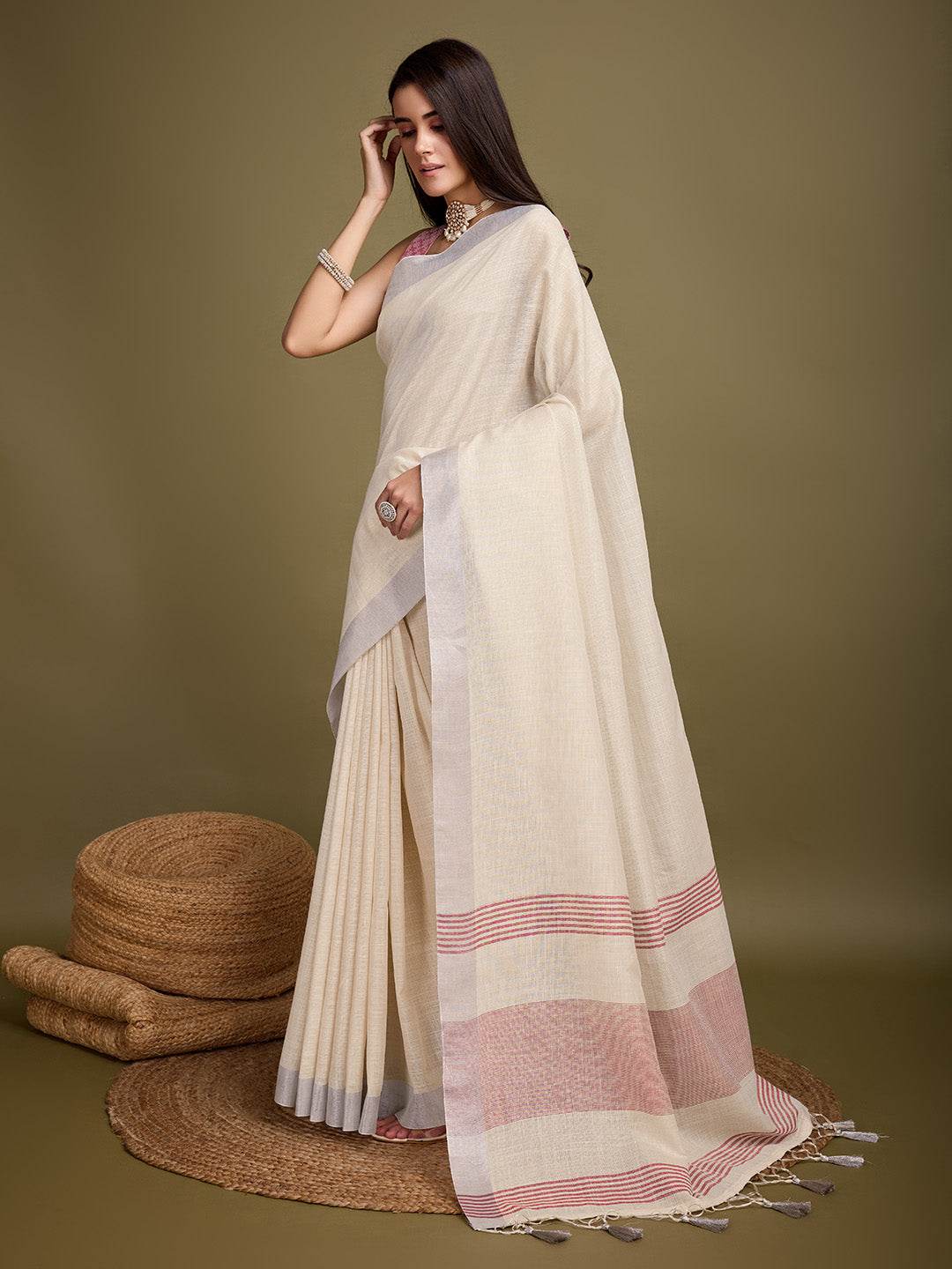 Beige Linen Daily Wear Saree With Blouse Piece