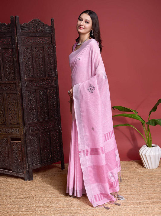 Pink Linen Saree With Blouse Piece