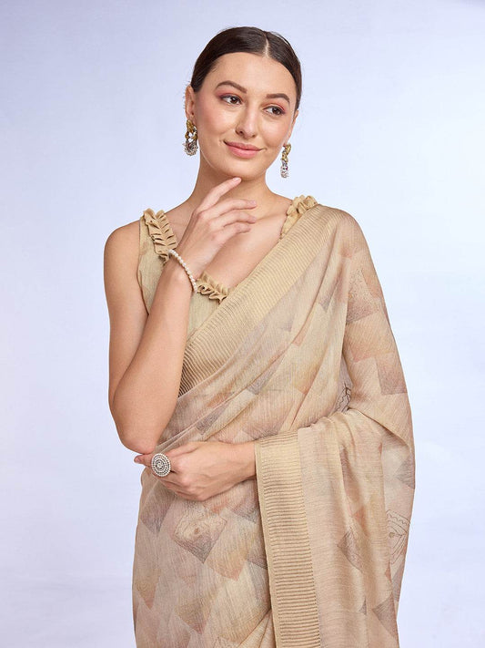Cream Tissue Linen Saree With Blouse Piece
