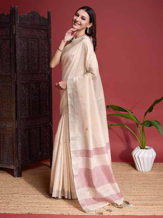 Beige Linen Saree With Blouse Piece