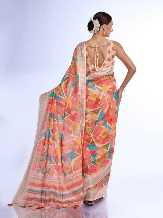 Red Linen Saree With Blouse Piece