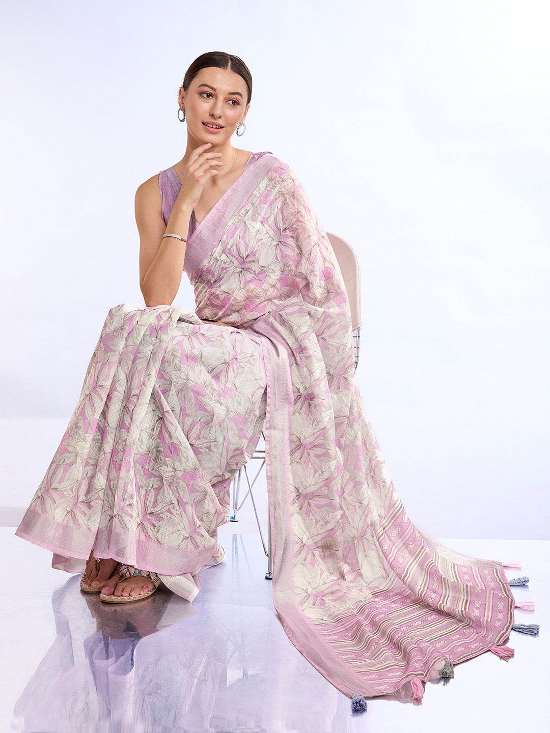 Pink Linen Blend Saree With Blouse Piece