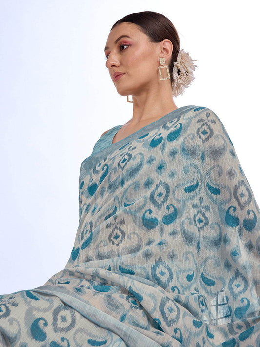 Teal Linen Saree With Blouse Piece