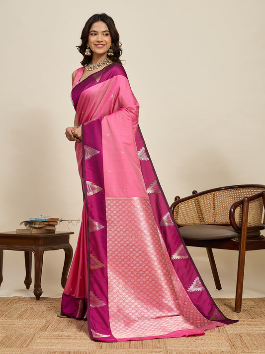 Women's Pink & Magenta Soft Silk Woven Saree with Rich Zari Border
