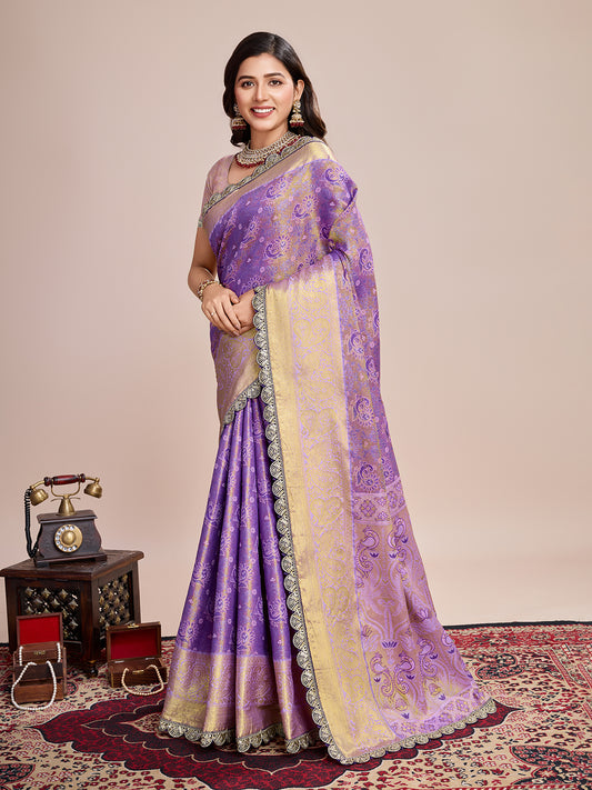 Women's Lavender & Gold Banarasi Silk Saree with Rich Zari Weaving