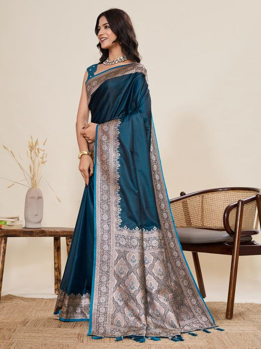 Women's Teal Blue Banarasi Silk Saree with Rich Zari Border & Designer Pallu
