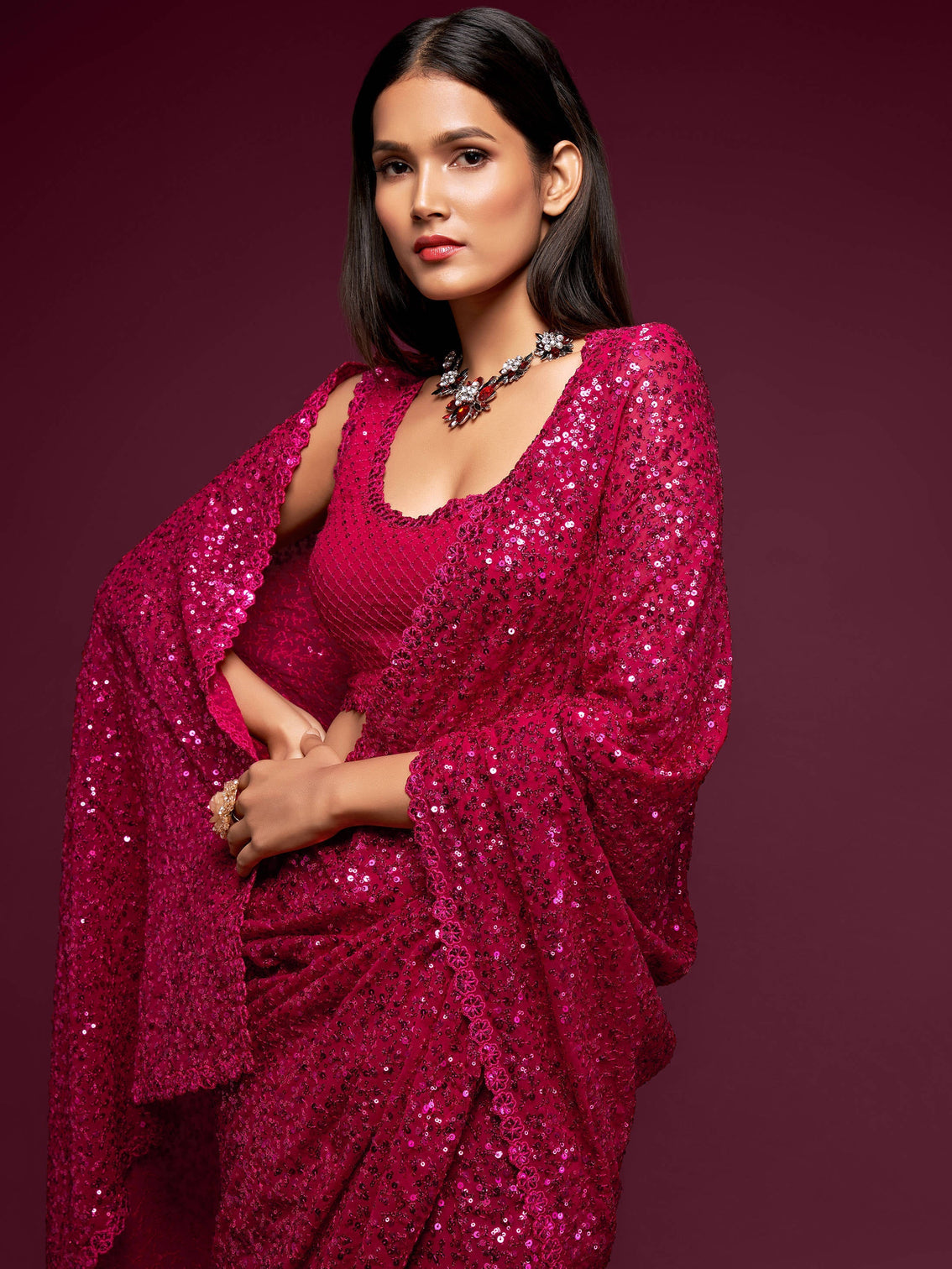Fabulous Hot Pink Sequined Georgette Party Wear Saree