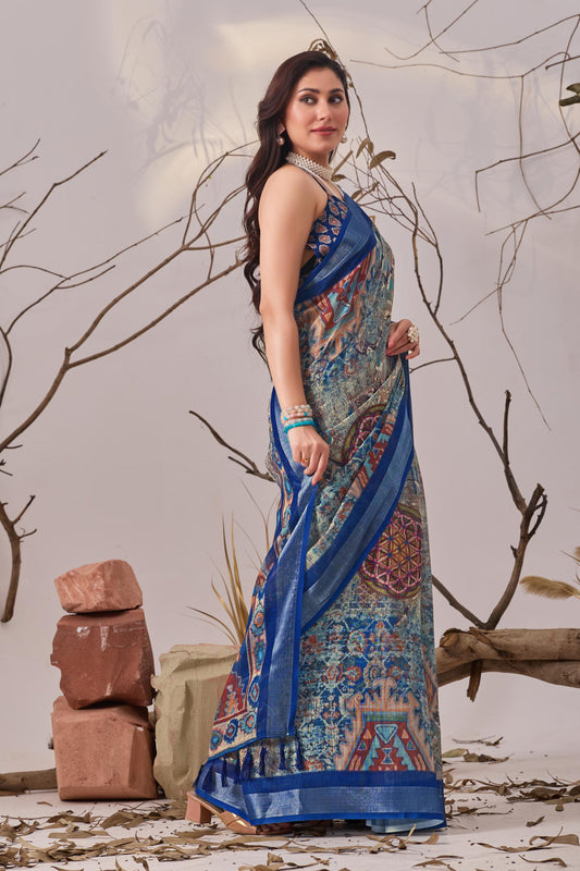 Women's Premium Linen Silk Abstract Printed Saree with Royal Blue Woven Border & Tassel Pallu