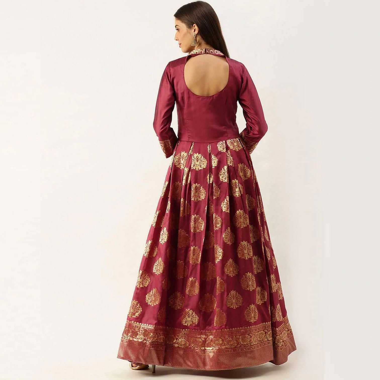 Maroon Color Soft Silk Box Cut Style Ready to Wear Gown
