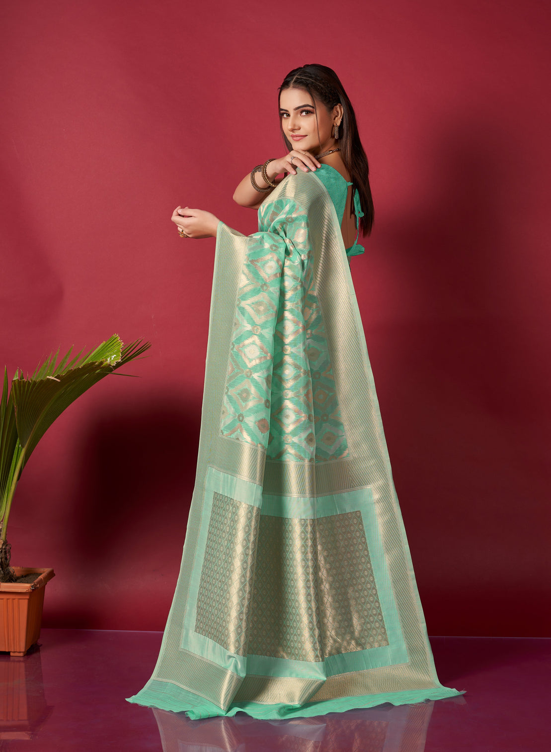 Turquoise Green Saree in Linen