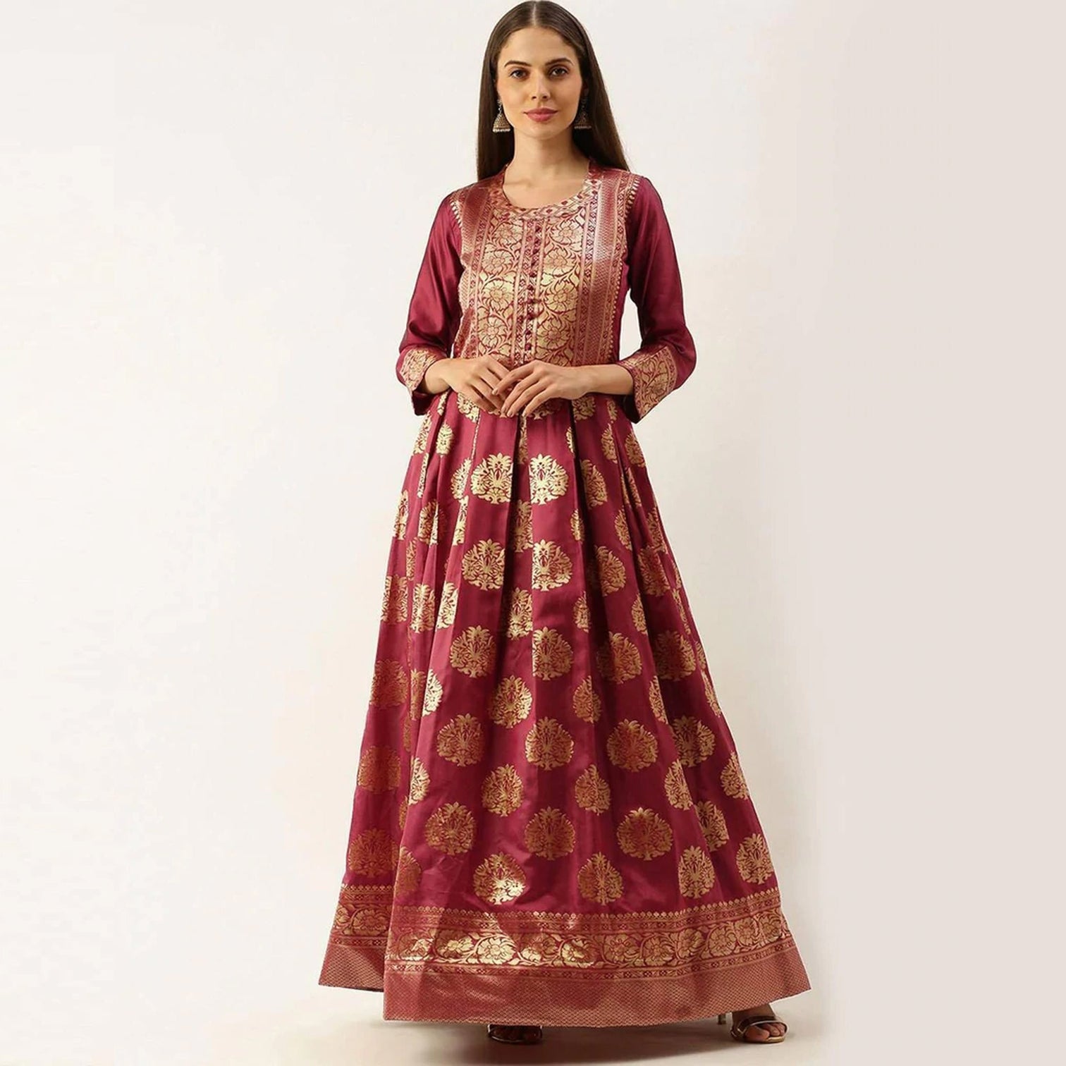 Maroon Color Soft Silk Box Cut Style Ready to Wear Gown