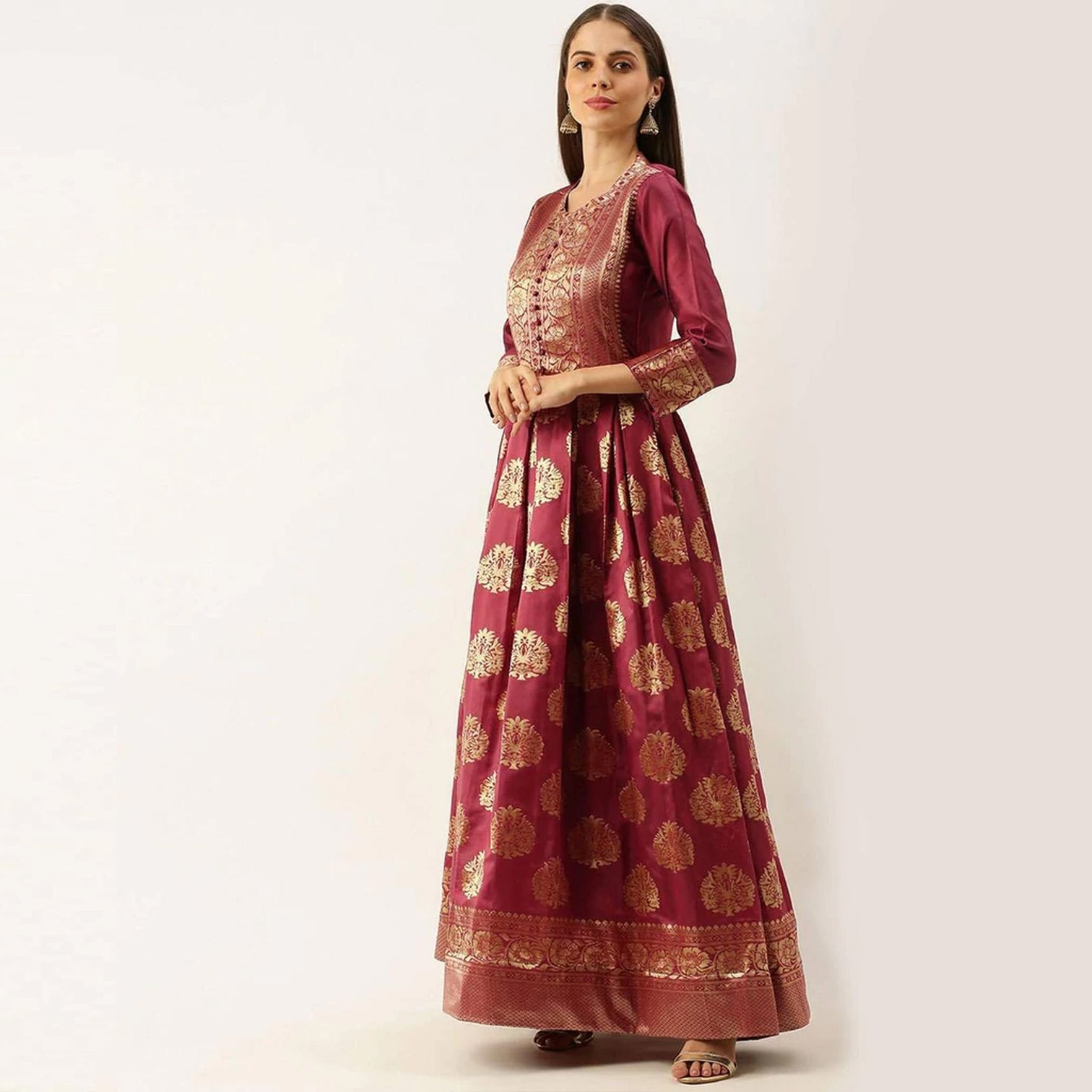 Maroon Color Soft Silk Box Cut Style Ready to Wear Gown