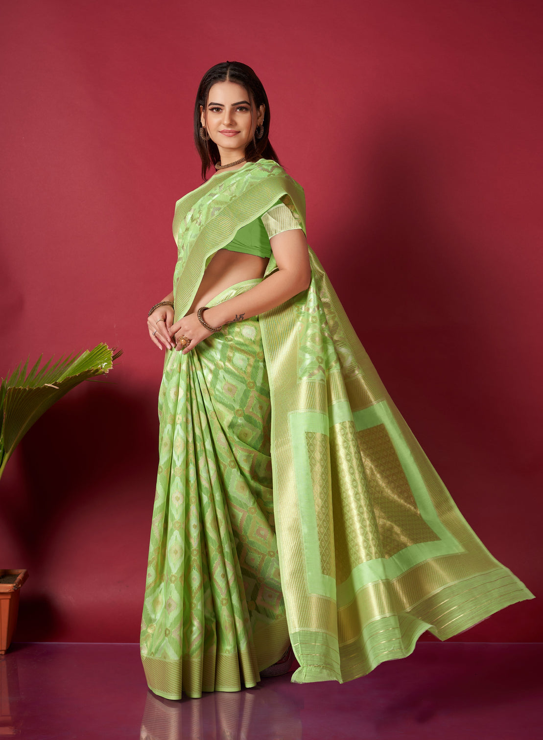 Pistachio Green Saree in Linen for women