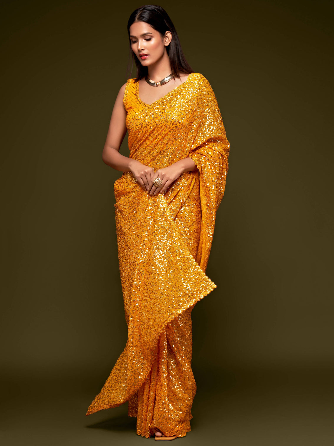Lovely Honey Yellow Sequined Georgette Party Wear Saree