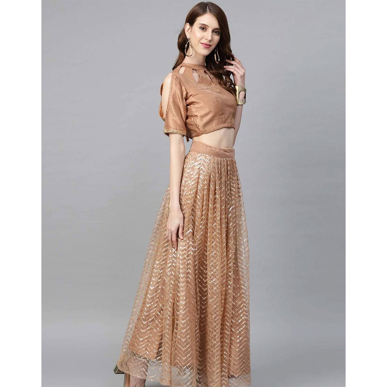 Peach color Net Lehenga with Heavy Embroidery, Zari and Thread work