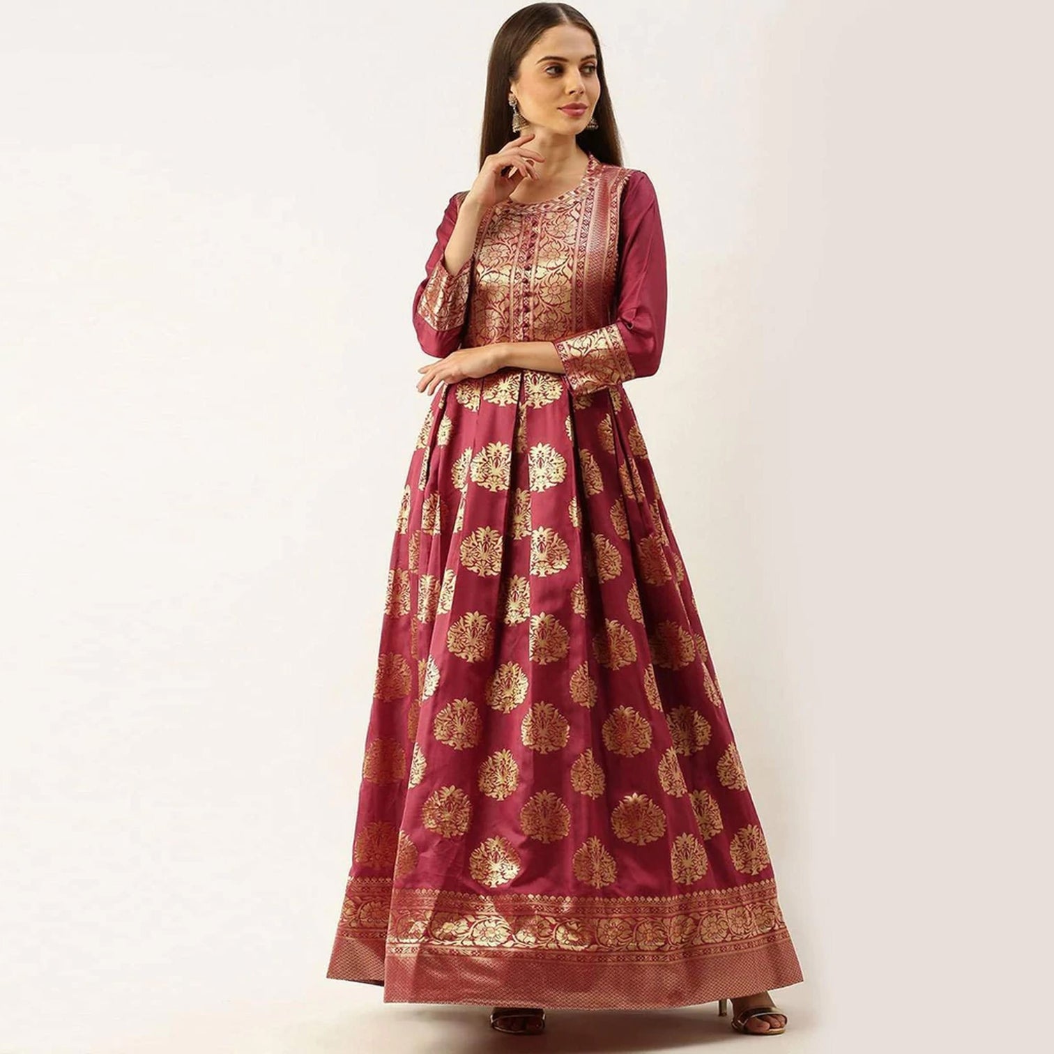 Maroon Color Soft Silk Box Cut Style Ready to Wear Gown