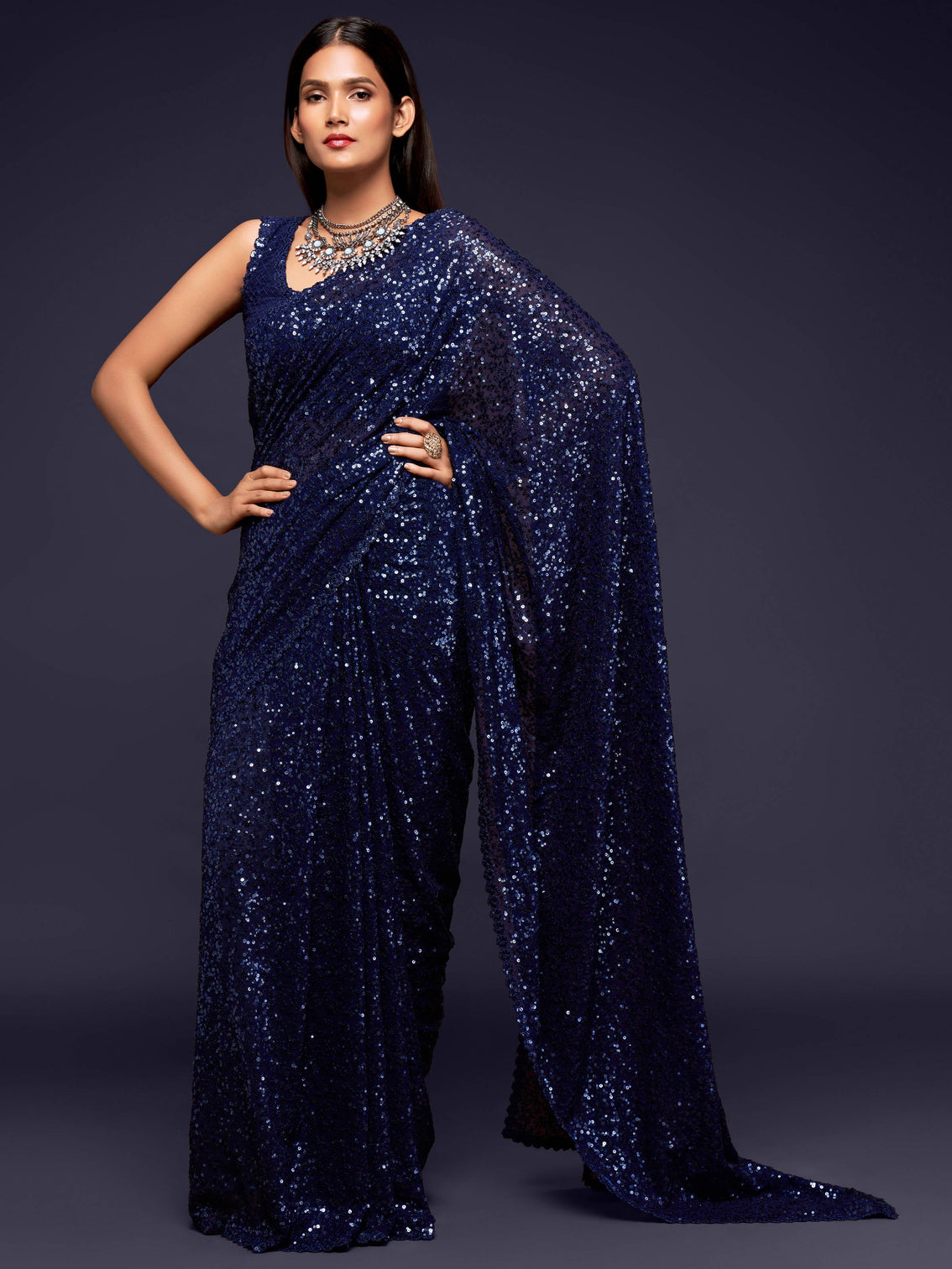 Pretty Blush Blue Sequined Georgette Party Wear Saree