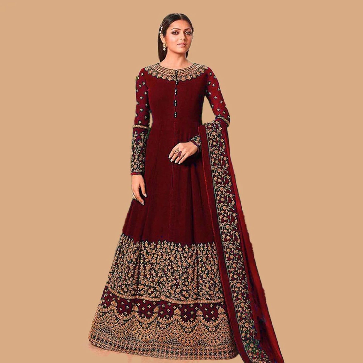 Maroon Designer Georgette Gown with Heavy Embroidery Work
