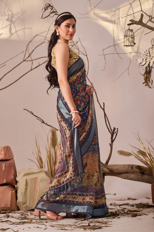 Women's Premium Linen Silk Floral Printed Saree with Navy Blue Woven Border & Designer Tassel Pallu | Navy Blue Party Wear Saree