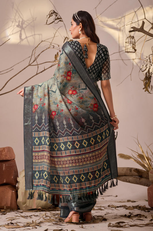 Women's Premium Linen Silk Floral Printed Saree with Charcoal Grey Woven Border & Designer Tassel Pallu