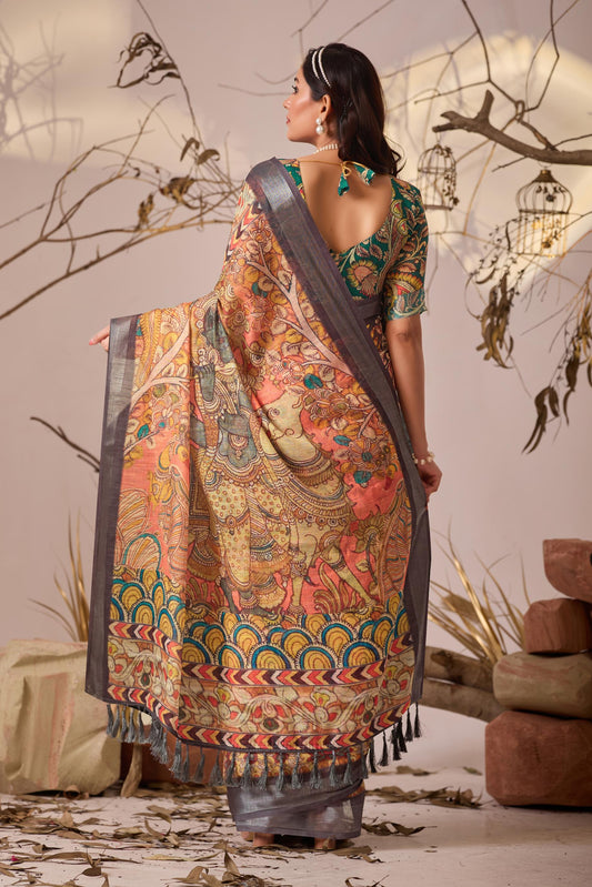 Women's Premium Linen Silk Abstract Kalamkari Printed Saree with Grey Woven Border & Designer Pallu