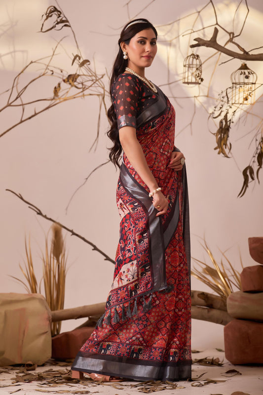 Women's Premium Linen Silk Ajrakh Printed Saree with Grey Woven Border & Designer Pallu