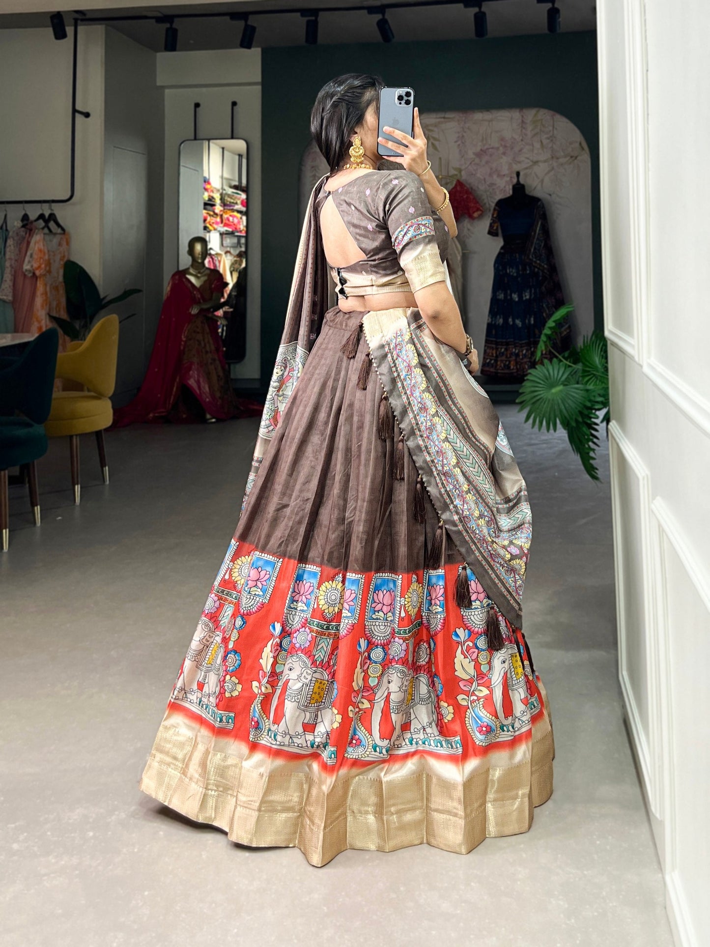 Brown Kalamkari Print Lehenga Choli Set - Dola Silk with Weaving Border