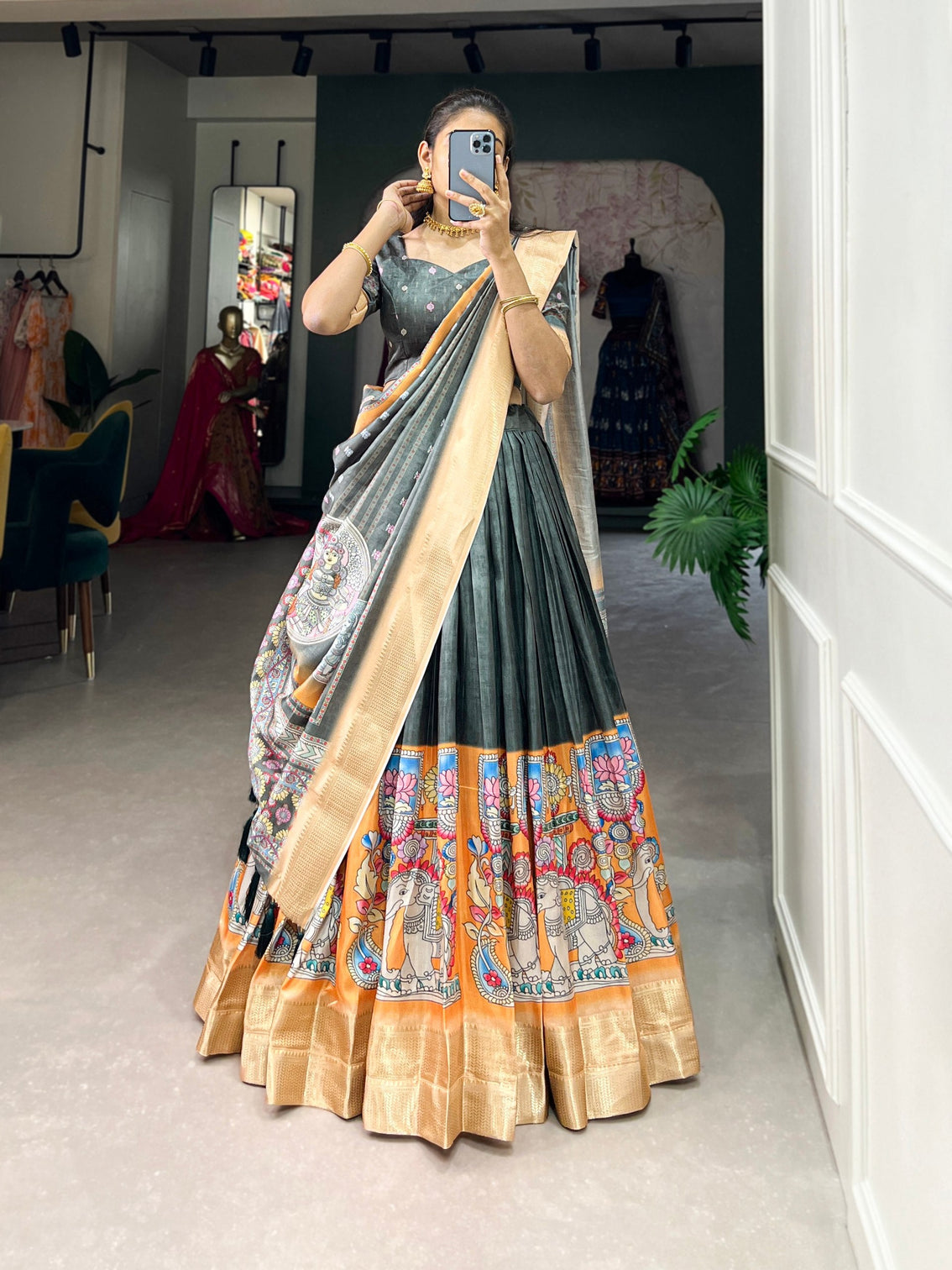 Sea Green Kalamkari Print Lehenga Choli Set - Dola Silk with Weaving Border