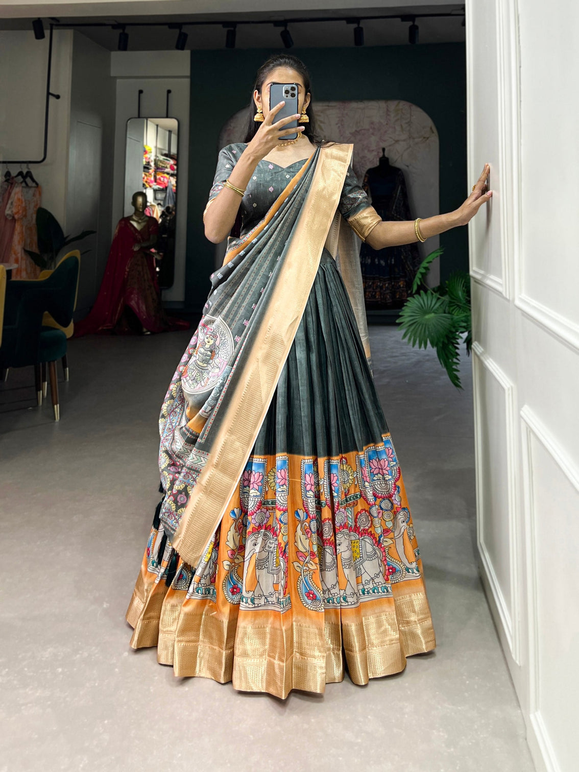 Sea Green Kalamkari Print Lehenga Choli Set - Dola Silk with Weaving Border