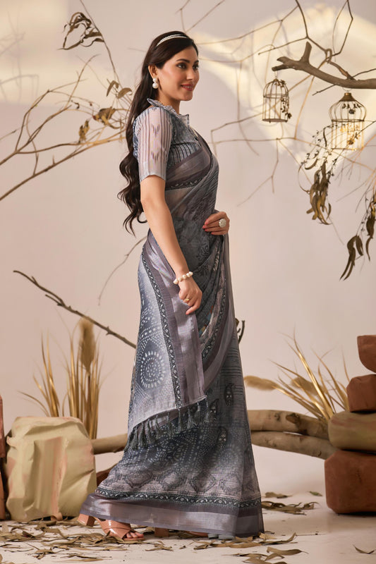 Women's Premium Linen Silk Grey Floral Printed Saree with Woven Border & Designer Pallu