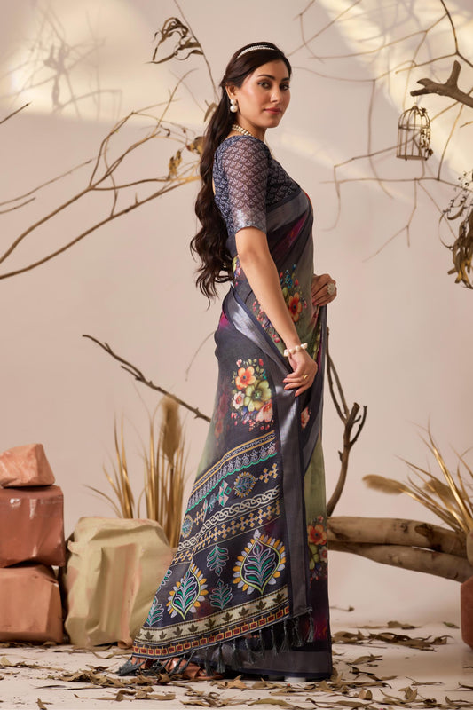Women's Premium Linen Silk Floral Printed Saree with Navy Blue Woven Border & Designer Pallu | Multicolor Party Wear Saree