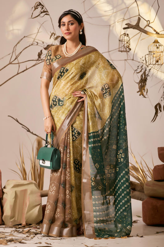 Women's Premium Linen Silk Bandhani Printed Saree with Dual Tone Border & Designer Pallu