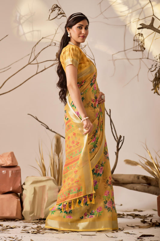 Women's Premium Linen Silk Yellow Floral Printed Saree with Golden Zari Border & Designer Pallu