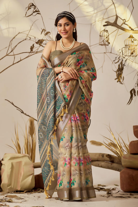 Women's Premium Linen Silk Beige Floral Printed Saree with Blue Ethnic Designer Pallu & Zari Border