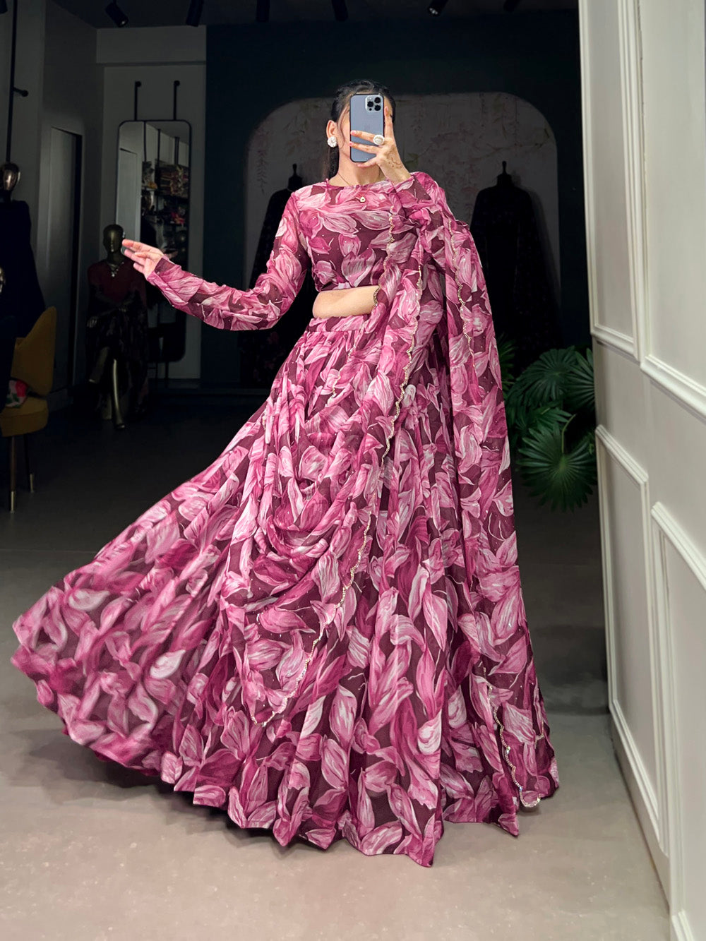 Maroon tubby silk printed lehenga choli with hotfix detailing matching dupatta