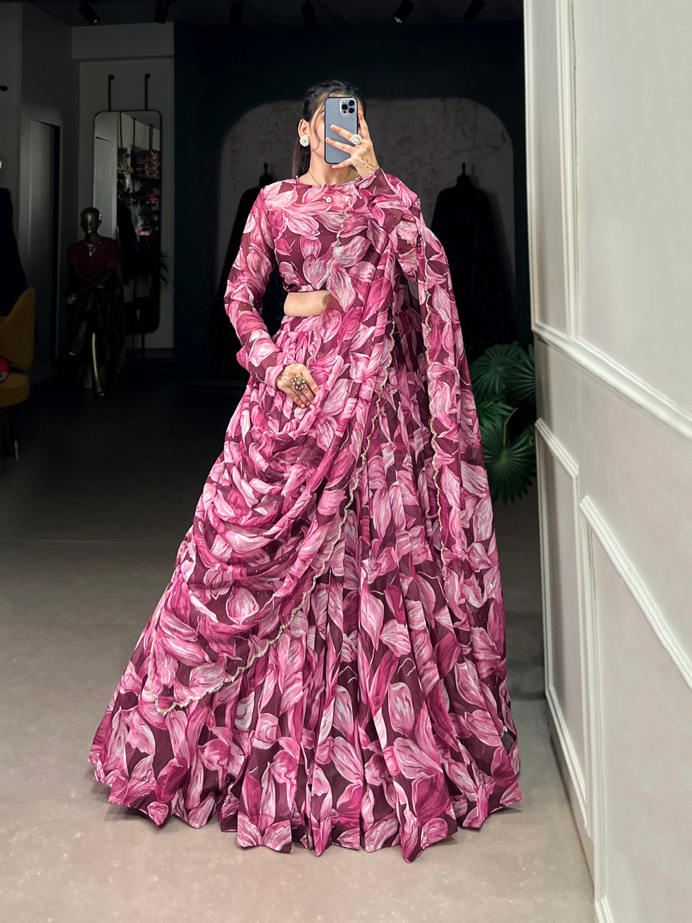 Maroon tubby silk printed lehenga choli with hotfix detailing matching dupatta