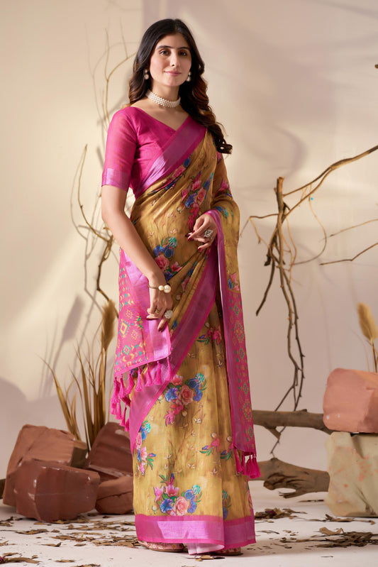 Women's Premium Linen Silk Mustard Floral Printed Saree with Pink Designer Pallu & Zari Border