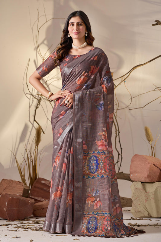 Women's Premium Linen Silk Grey Floral Printed Saree with Designer Woven Pallu & Silver Zari Border