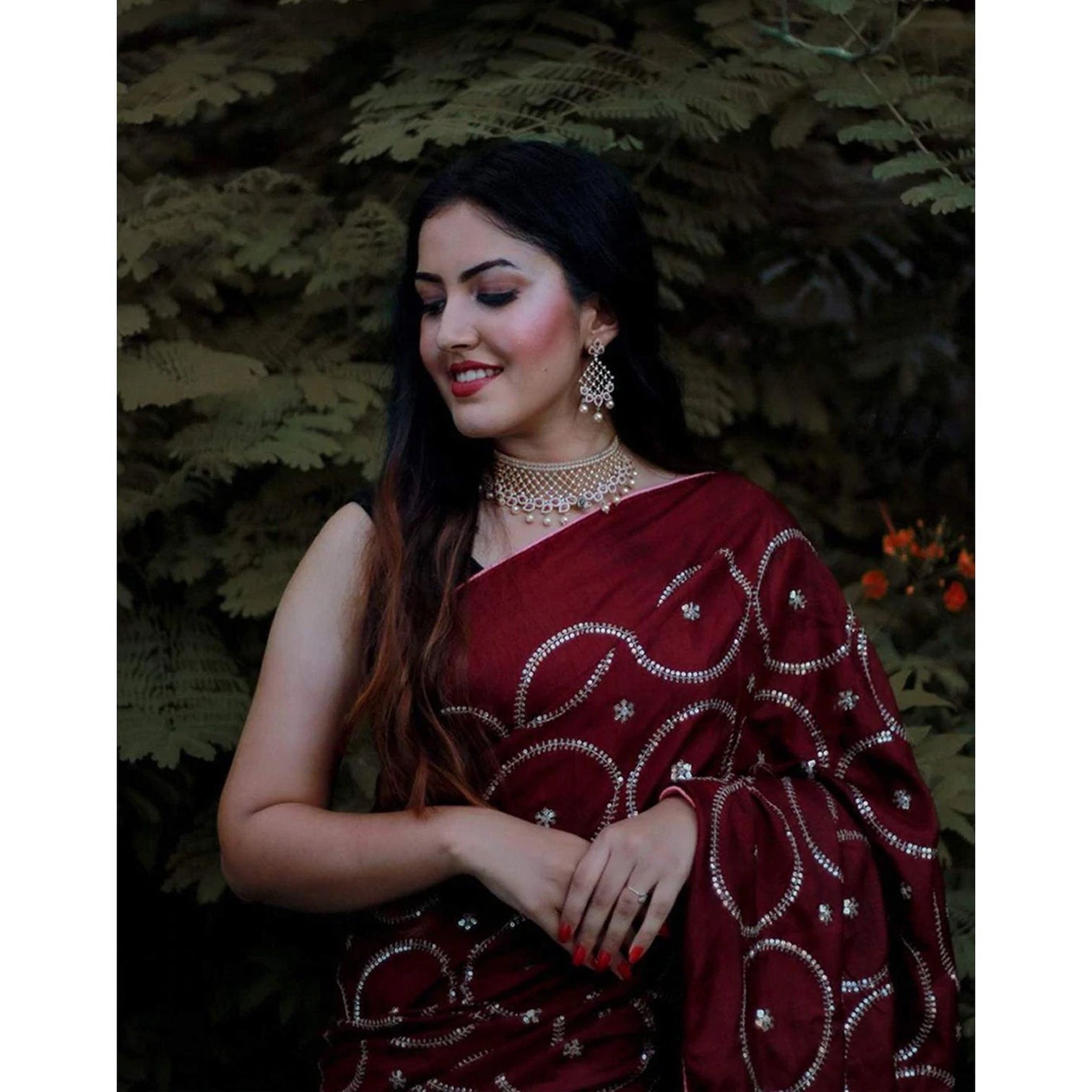 Maroon Silk Saree with Beautiful Circle Sequence Work and Silk Blouse for Wedding