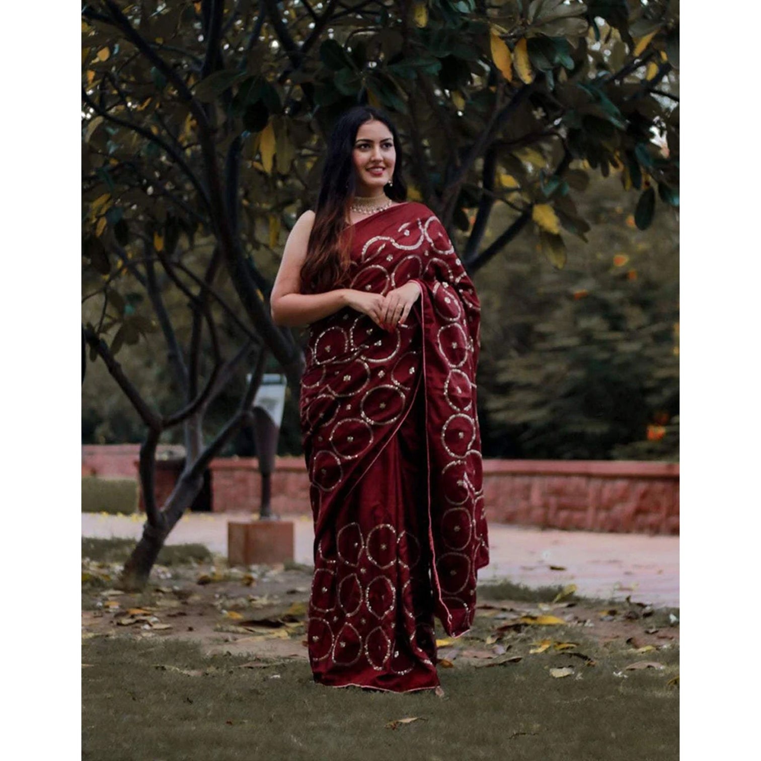 Maroon Silk Saree with Beautiful Circle Sequence Work and Silk Blouse for Wedding