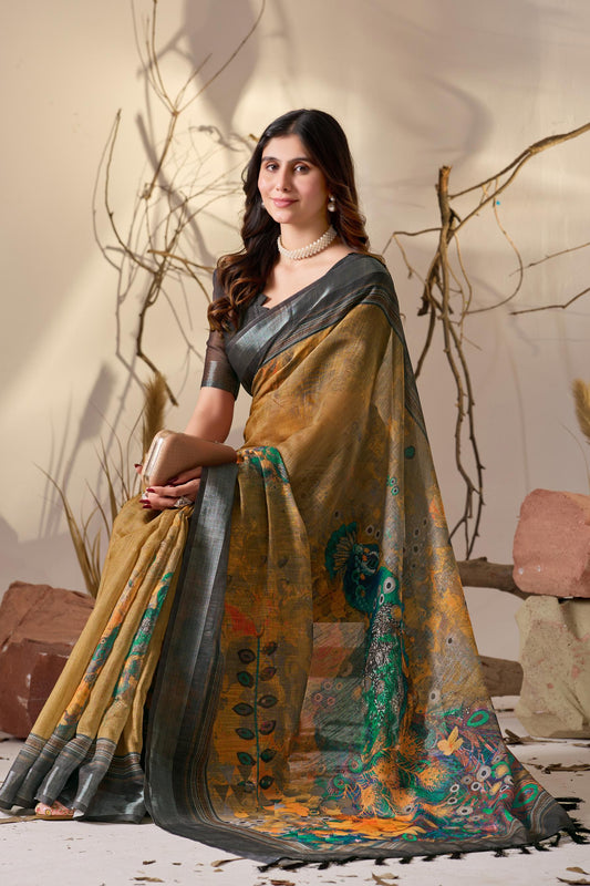 Women's Premium Linen Silk Mustard Printed Saree with Black Designer Pallu & Zari Border