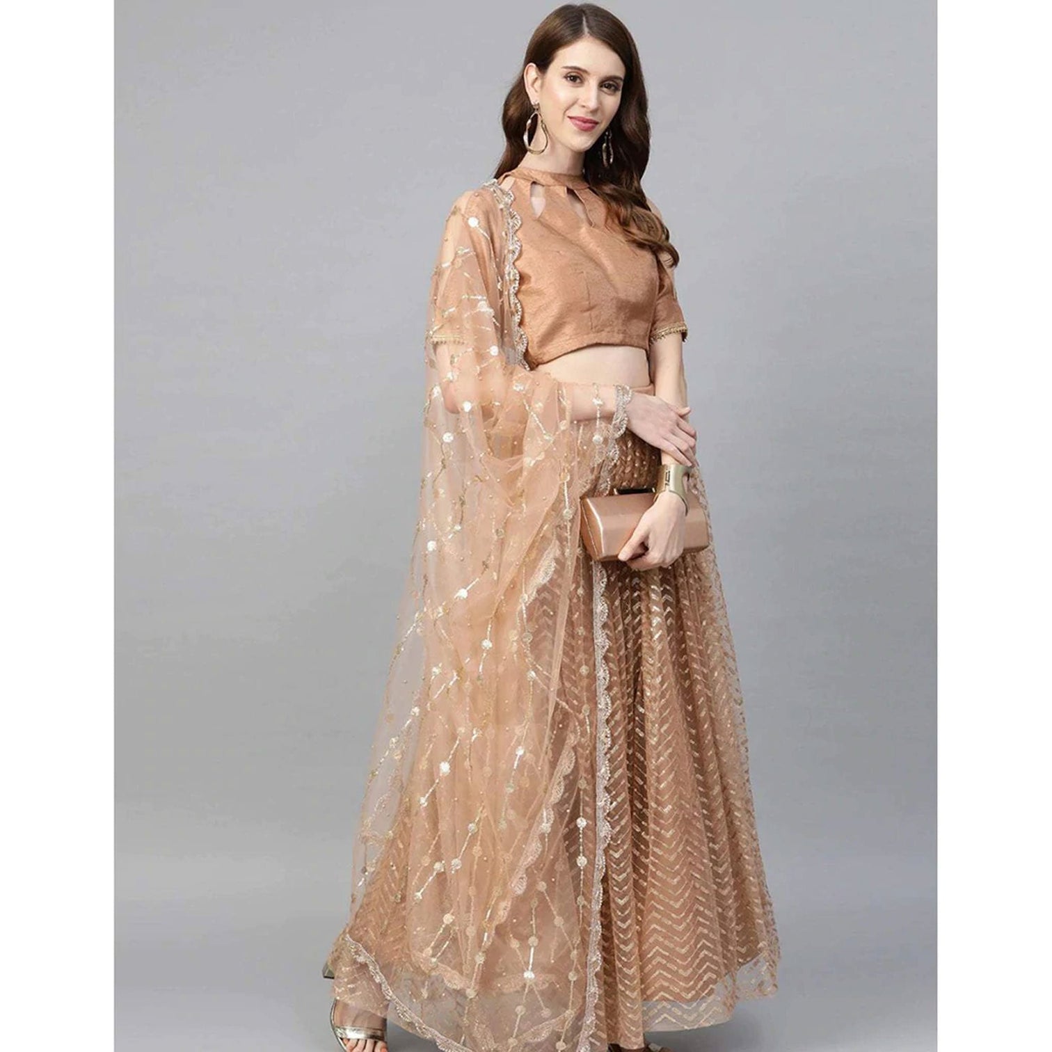 Peach color Net Lehenga with Heavy Embroidery, Zari and Thread work