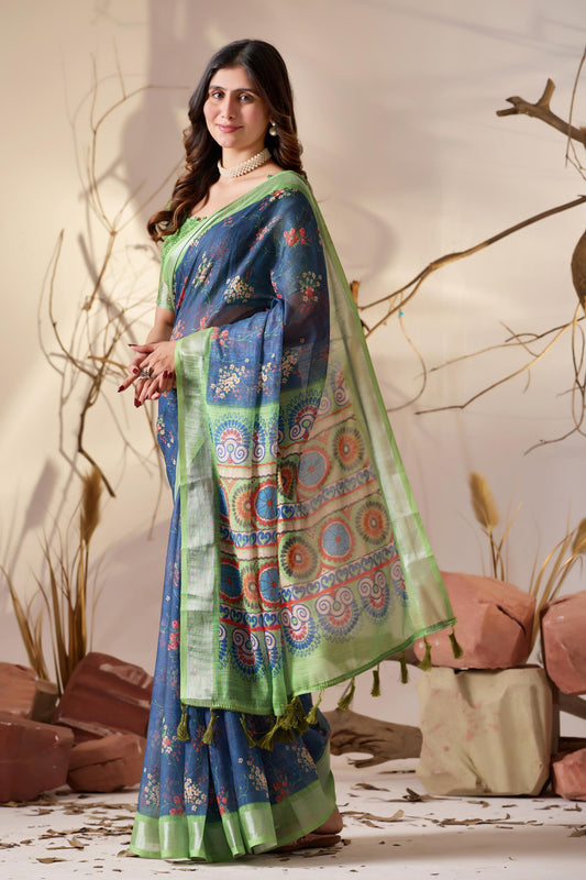 Women's Premium Linen Silk Navy Blue Floral Printed Saree with Green Designer Pallu & Zari Border