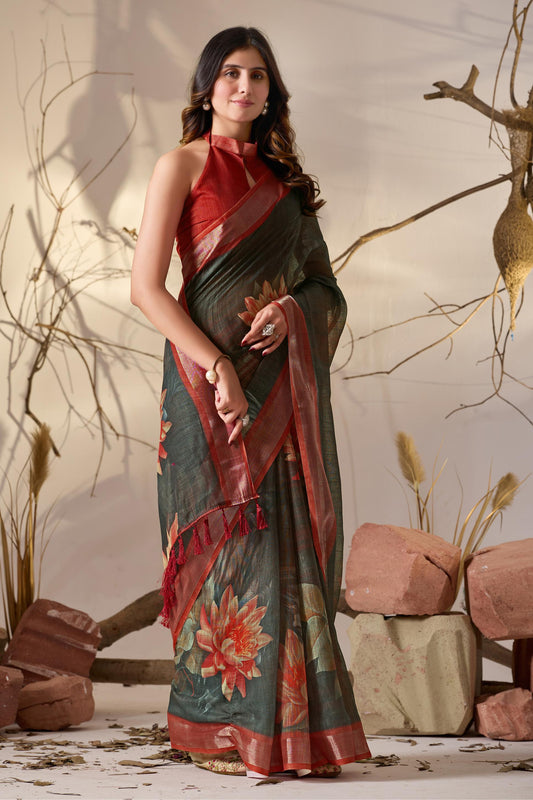 Women's Premium Linen Silk Charcoal Grey Floral Printed Saree with Rust Red Designer Pallu & Zari Border