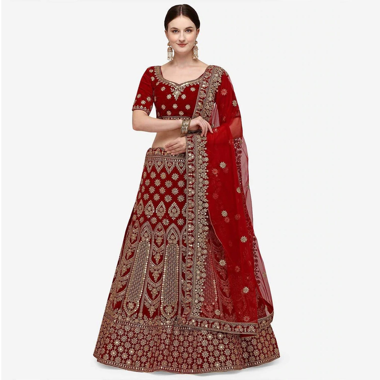 Maroon Velvet Heavy Bridal Lehenga Choli