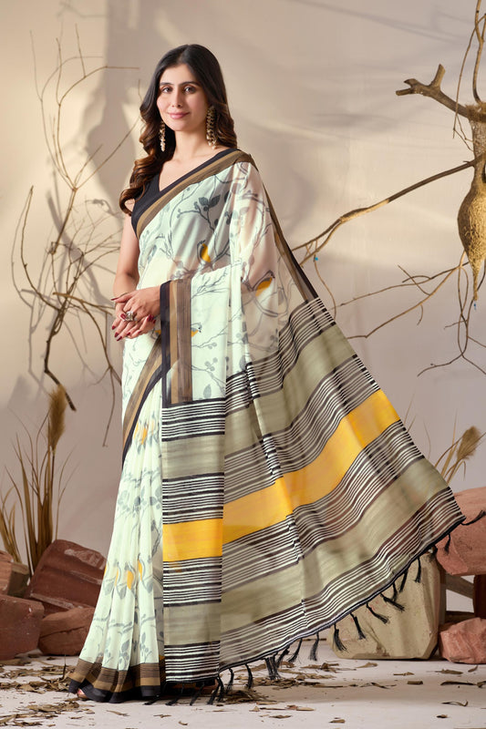 Women's Premium Linen Silk Off White Floral Printed Saree with Black Border & Designer Striped Pallu
